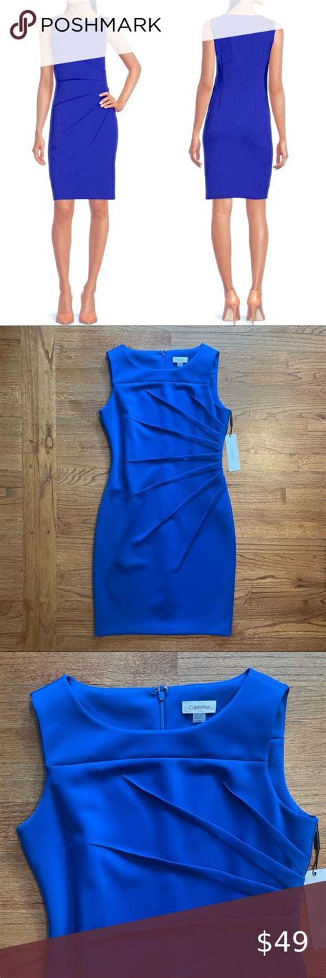 Nwt Calvin Klein Ultramarine Sideburst Round Neck Sleeveless Ruched