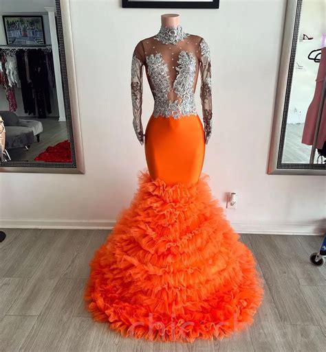 Orange Lace Beaded Mermaid Orange Mermaid Prom Dresses For 2023 Evening