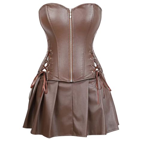 Women Lace Up Back Faux Leather Corset Dress Steampunk Waist Cincher