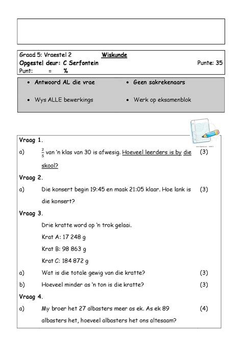 Kwartaal 3 Graad 5 Wiskunde Vraestelle • Teacha