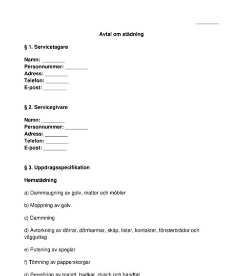 Avtal om städning mall exempel online Word och PDF