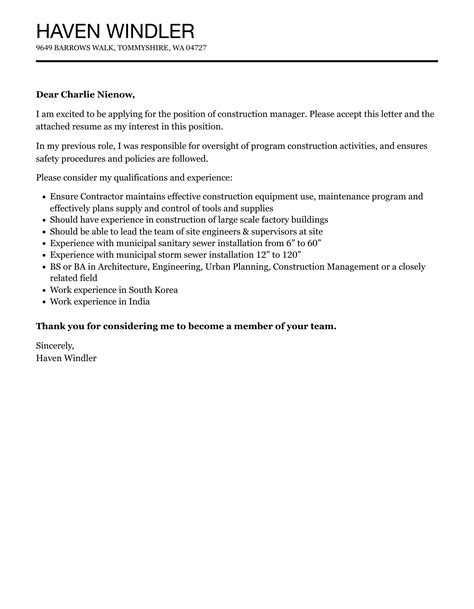 Construction Manager Cover Letter Velvet Jobs