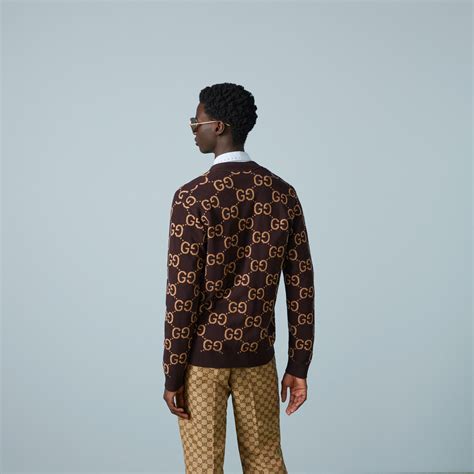 Gg Wool Jacquard Cardigan In Dark Red And Beige Gucci Za