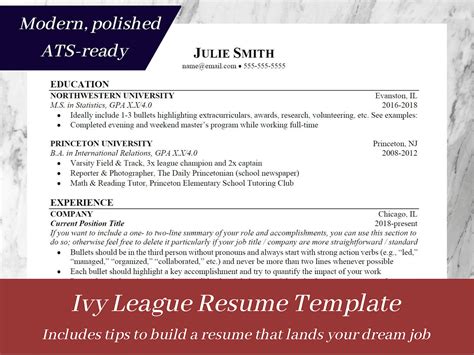 Ivy League Resume Template With Tips And Writing Guidance Editable