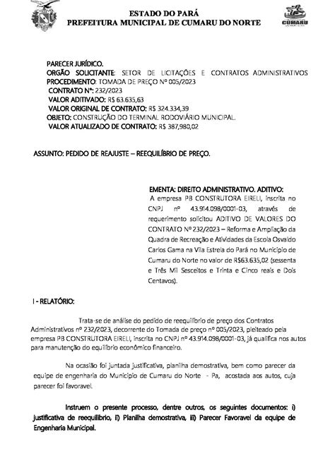 Parecer Aditivo Assinado Quadra Prefeitura Municipal De Cumaru Do