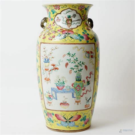 Vaso In Porcellana Policroma Con Decori Floreali Cm H 36 Cina XX