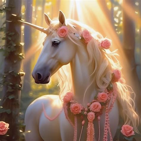 Premium AI Image White Unicorn With Pink Flowers In The Forest At