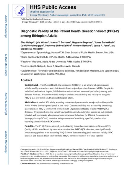 Pdf Diagnostic Validity Of The Patient Health Questionnaire 2 Phq 2