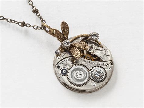 Steampunk Necklace Elgin Silver Pocket Watch Movement Gears Swarovski