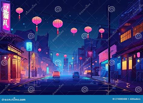 Lofi City Street At Night With Colorful Lights And Lanterns Stock