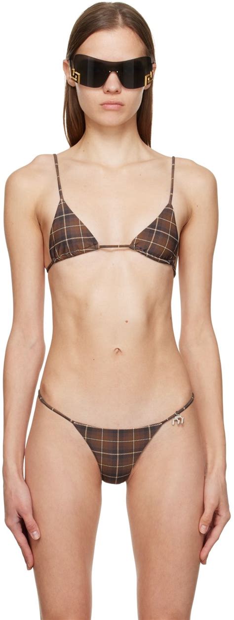 Deadstock Stretch Nylon Bikini Top Check Pattern Printed Throughout