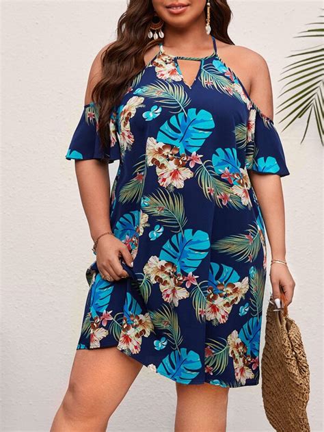 Shein Vcay Plus Tropical Print Cold Shoulder Dress Shein Usa