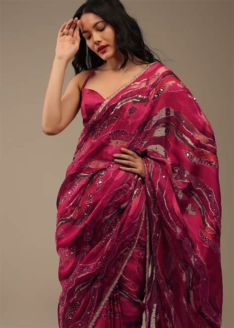 Hot Pink Saree In Crepe Organza With Marble Foil Print And Sequins