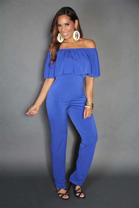 Royal Blue Off The Shoulder Ruffle Top Stylish Jumpsuit Plus Size