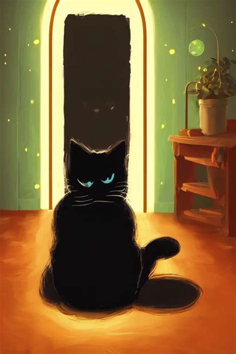 Beautiful Black Cat Sitting Next To A Glowing Doorway Stable