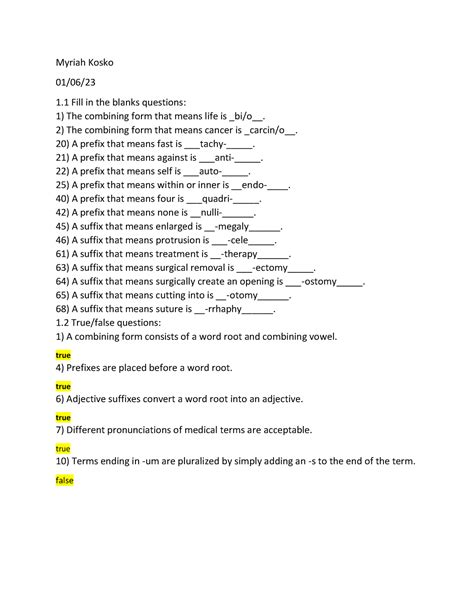 Medical Terminology Week 1 Assignment Myriah Kosko 0106 1 Fill In The Blanks Questions 1