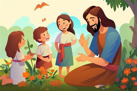 Premium Vector | Jesus Talking to Children in the Garden