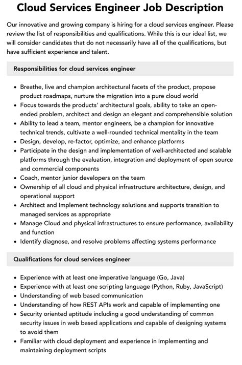 Cloud Services Engineer Job Description Velvet Jobs