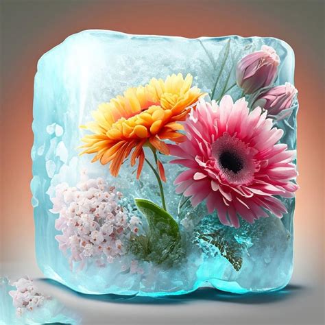 Un Cubo De Hielo Con Flores Y Una Flor Dentro Foto Premium