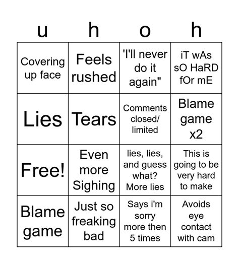 Youtuber Apology Bingo Card