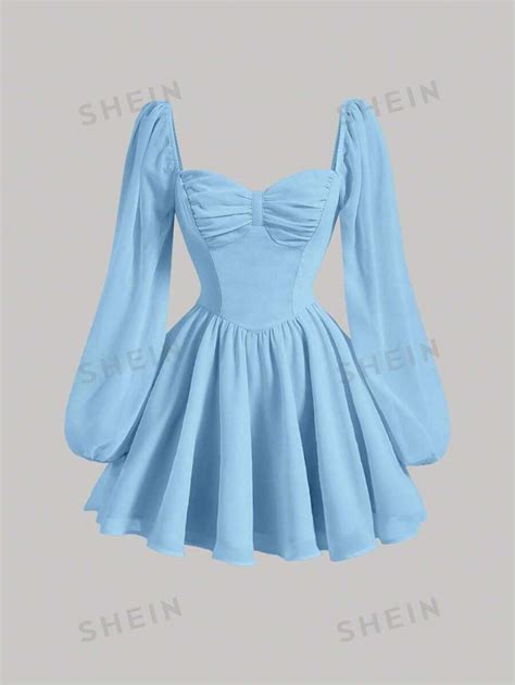 Shein Mod Vestido Primaveral Azul Con Pliegues Con Cuello De Coraz N