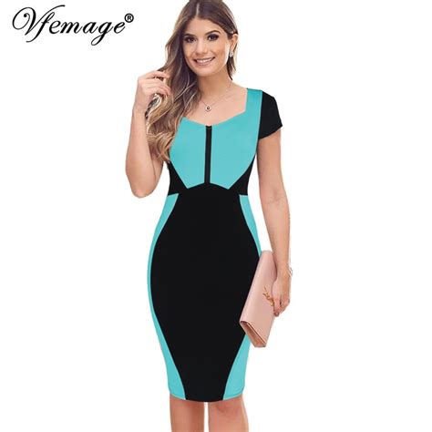 Vfemage Women Elegant Optical Illusion Patchwork Contrast Slim Wear To