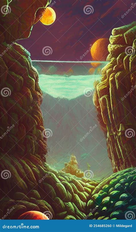 Alien World`s Landscape in Retro Scifi Style Stock Illustration ...