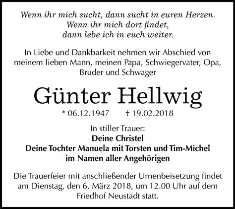 Traueranzeigen Von G Nter Hellwig Abschied Nehmen De