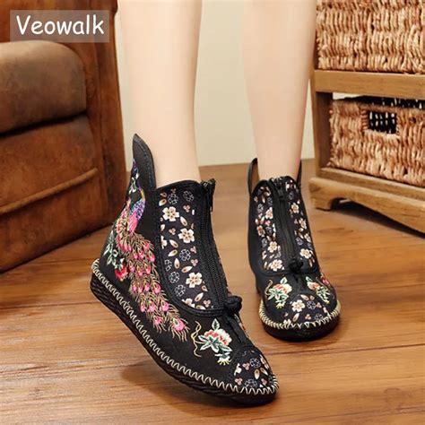 Veowalk Botas Curtas De Lona Bordada Feminina Botas Planas Bordadas