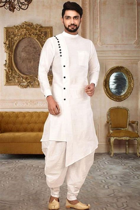 Men White Asymmetrical Kurta With Dhoti In 2021 Sherwani Fashion Suits For Men Mens Kurta