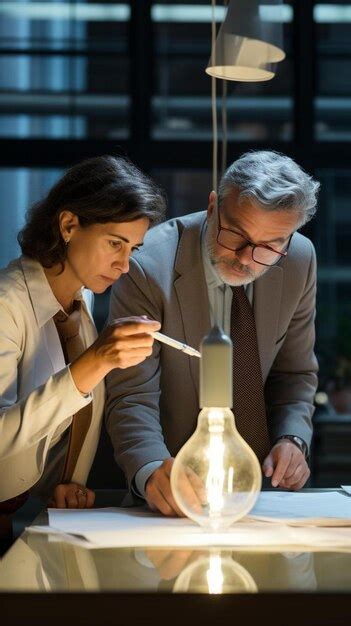 Premium Photo Mature Business Colleagues Analyzing Light Bulb At Office