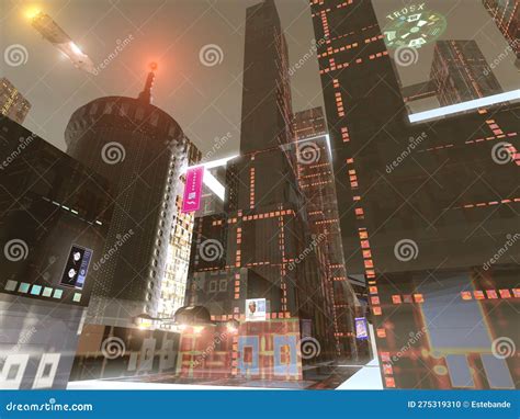 Futuristic Cyberpunk City at Night Stock Illustration - Illustration of ...