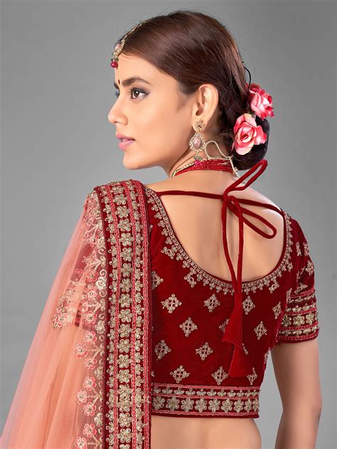 Maroon Velvet Bridal Lehenga Choli With Flower Bunch Vine And Dori