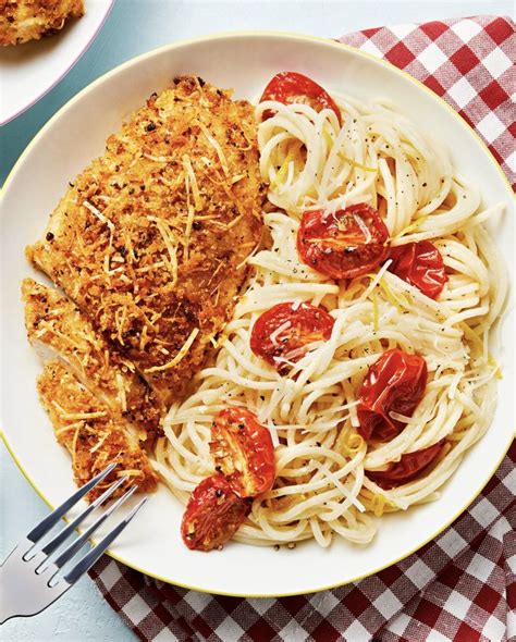 Parmesan-Crusted Chicken Recipe with Creamy Lemon Tomato Spaghetti