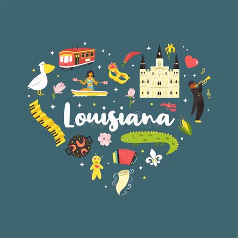 Louisiana Poster With Symbols And Elements Stock Vector Illustration