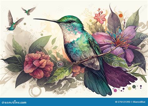 Beija Flor Em Desenho - Beija-flor Colorida Em Palito Com Flor Em Desenho Artístico De Aquarela ...