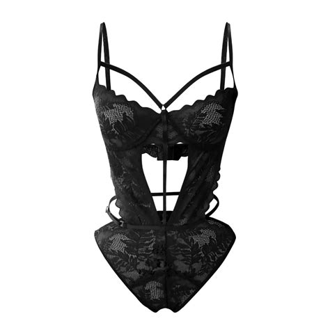 Kcodviy Women Lace Up Teddy Lingerie Bodysuit Floral Embroidered Mesh