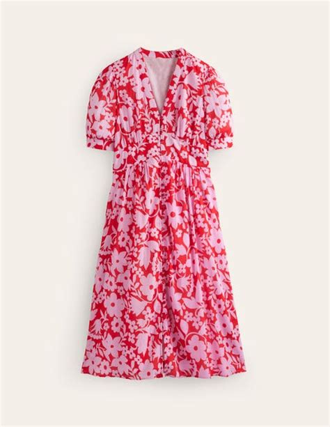 Elsa Crinkle Midi Tea Dress Flame Scarlet Tulip Garden Boden Uk