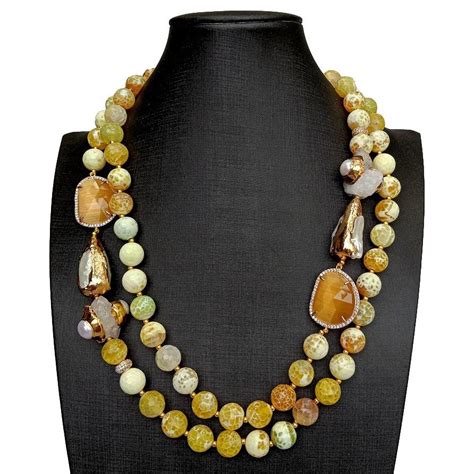 Y Ying 2 Rows Yellow Faceted Agate Druzy Cultured White Biwa Pearl