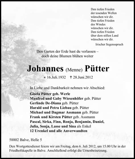 Traueranzeigen von Johannes Pütter Trauer in NRW de