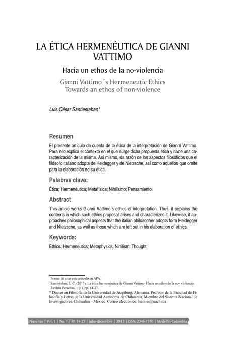 Pdf La ética Hermenéutica De Gianni Vattimo Hacia Un Ethos De La No Violencia