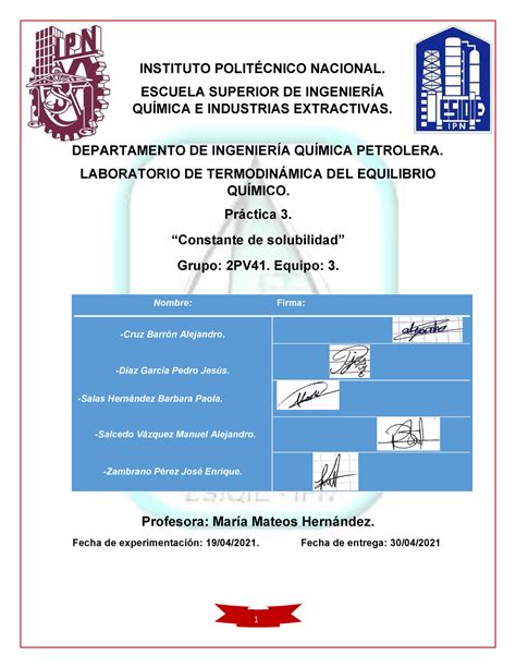 Practica Constante De Solubilidad Instituto Polit Cnico Nacional