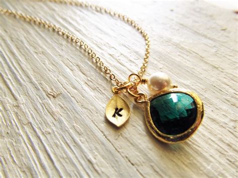 May Birthstone Necklace Emerald Necklace Gold Initial Etsy