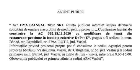 Anunt Solicitare Acord De Mediu Vasluianul