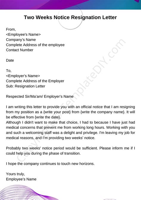 Two Weeks Notice Resignation Letter Sample Template