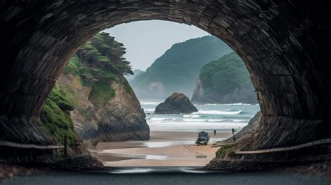 Fondo Vista Panorámica De La Playa A Través Del Túnel Fondo Una Playa