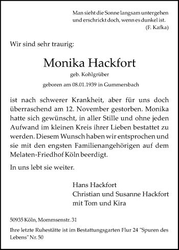 Traueranzeigen Von Monika Hackfort WirTrauern