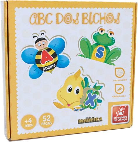 Brinquedo Pedagógico Madeira ABC dos Bichos 52 Peças Brincadeira de