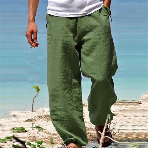 Mens Linen Pants Trousers Summer Pants Beach Pants Drawstring Elastic