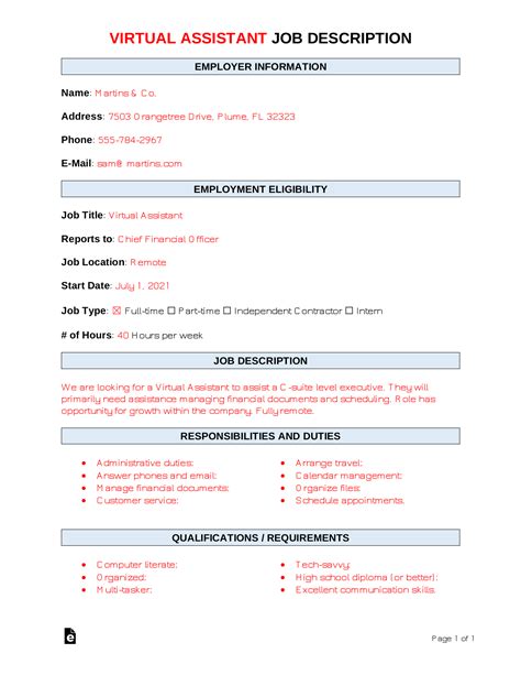 Free Virtual Assistant Job Description Template Sample Word Pdf Eforms